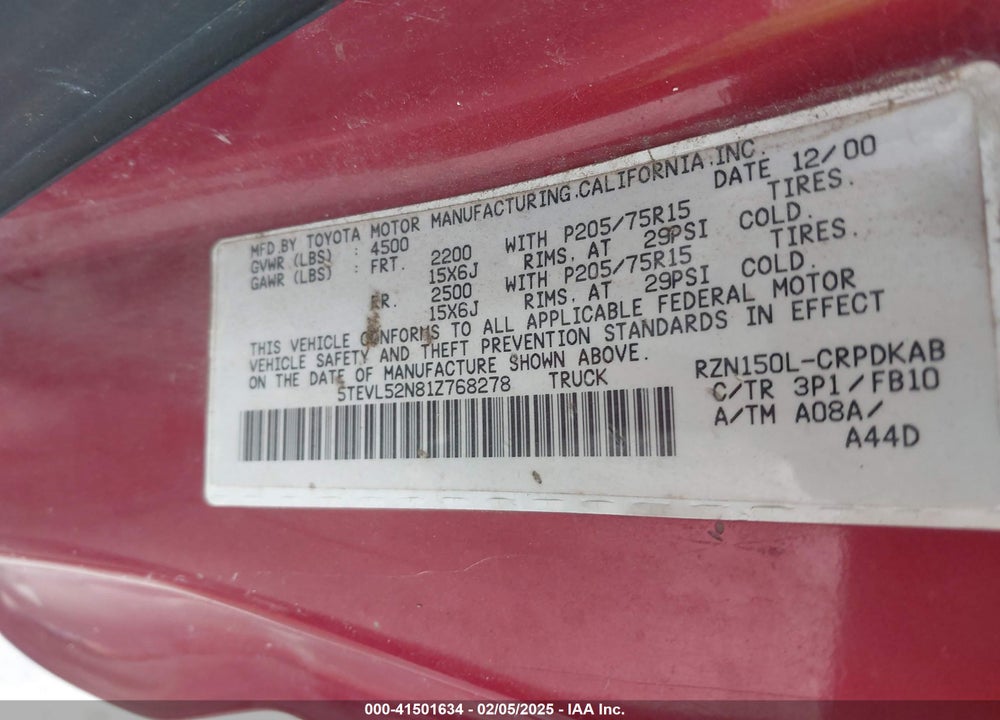 2001 TOYOTA TACOMA VIN: 5TEVL52N81Z768278
