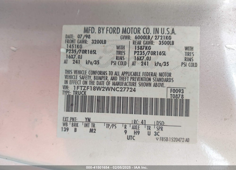 1998 FORD F-150 LARIAT/STANDARD/XL/XLT VIN: 1FTZF18W2WNC27724