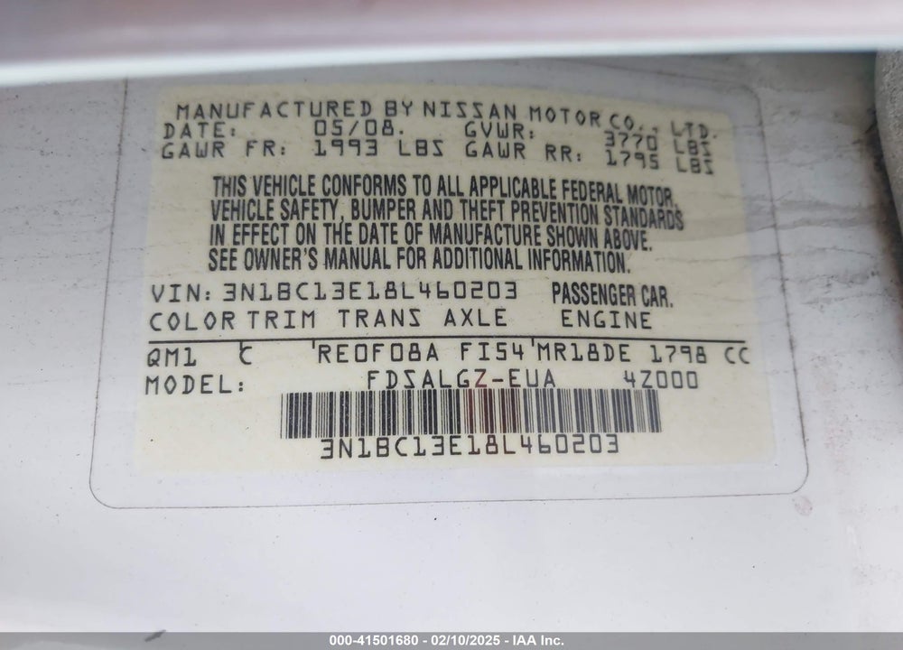 2008 NISSAN VERSA VIN: 3N1BC13E18L460203