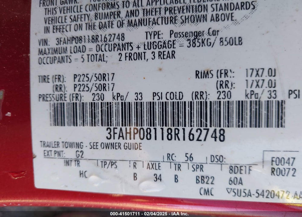 2008 FORD FUSION SEL VIN: 3FAHP08118R162748