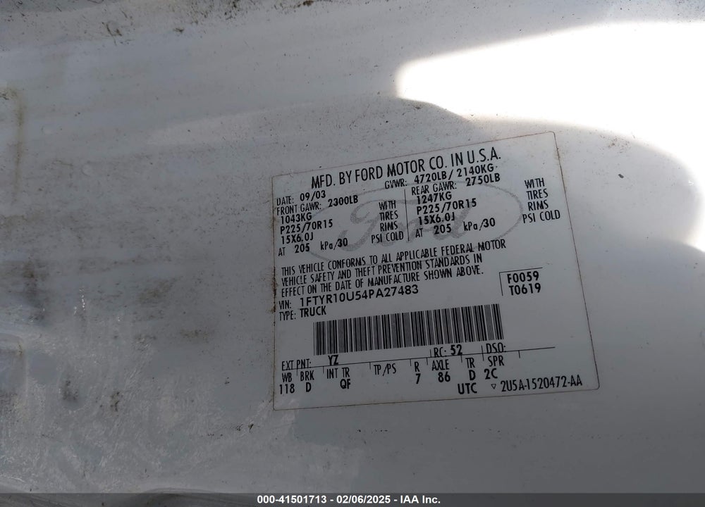 2004 FORD RANGER EDGE/XL/XLT VIN: 1FTYR10U54PA27483