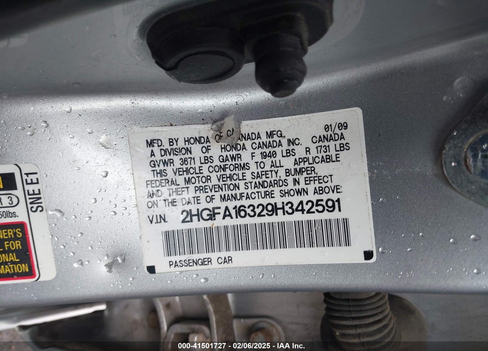 2009 HONDA CIVIC VP VIN: 2HGFA16329H342591