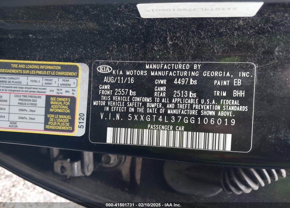 2016 KIA OPTIMA LX VIN: 5XXGT4L37GG106019