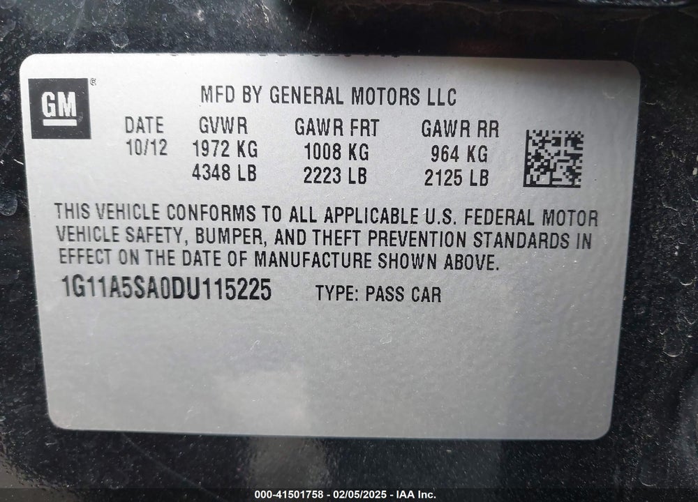 2013 CHEVROLET MALIBU VIN: 1G11A5SA0DU115225