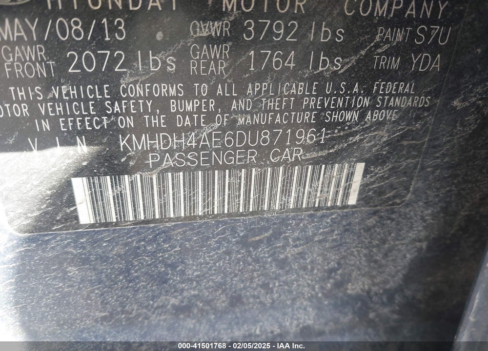 2013 HYUNDAI ELANTRA VIN: KMHDH4AE6DU871961