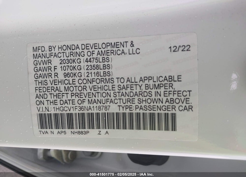 2022 HONDA ACCORD SPORT VIN: 1HGCV1F36NA118787