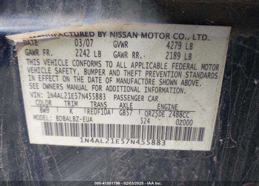 2007 NISSAN ALTIMA VIN: 1N4AL21E57N455883