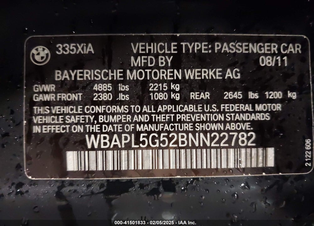 2011 BMW 335I XDRIVE VIN: WBAPL5G52BNN22782