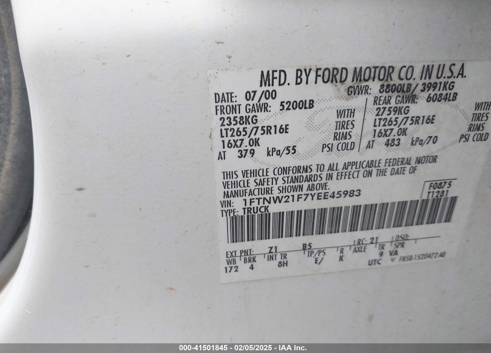 2000 FORD F-250 LARIAT/XL/XLT VIN: 1FTNW21F7YEE45983