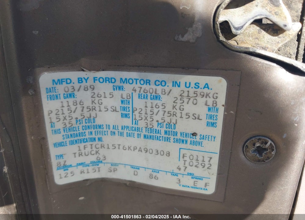1989 FORD RANGER SUPER CAB VIN: 1FTCR15T6KPA90308