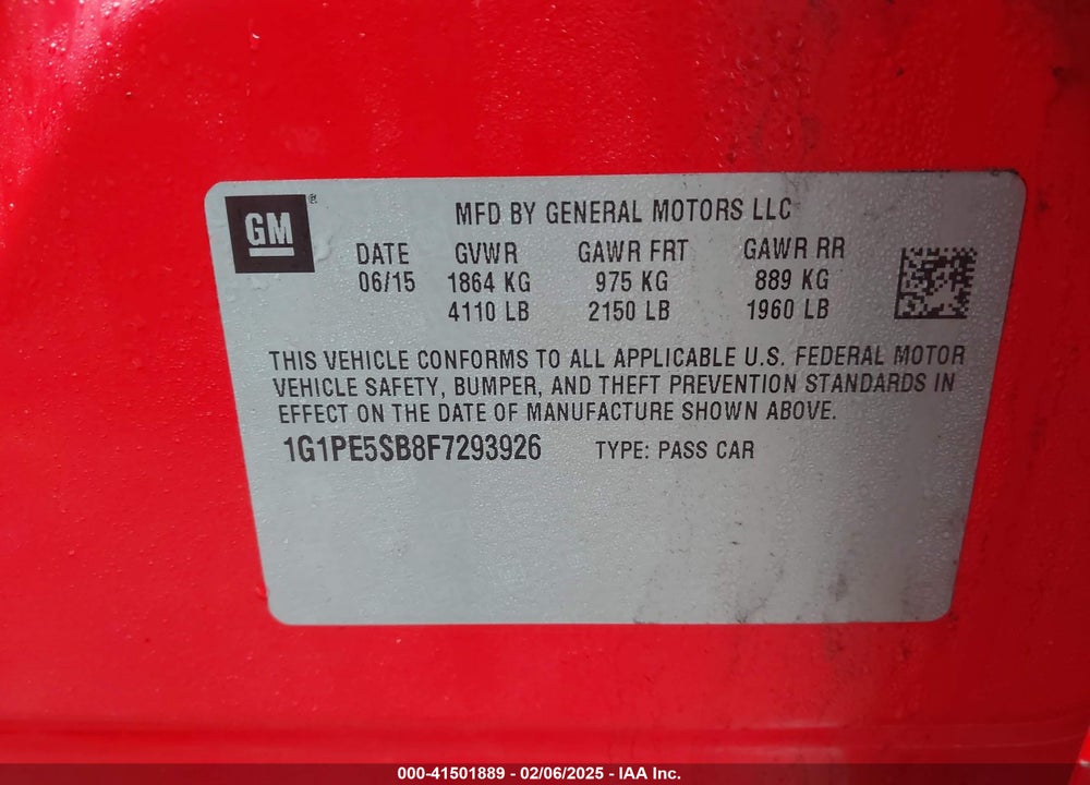 2015 CHEVROLET CRUZE VIN: 1G1PE5SB8F7293926