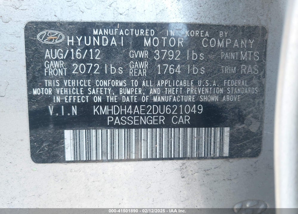 2013 HYUNDAI ELANTRA VIN: KMHDH4AE2DU621049
