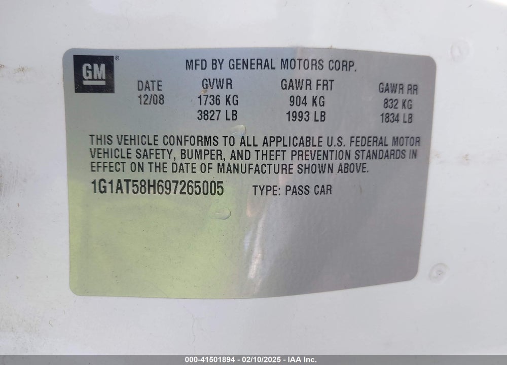 2009 CHEVROLET COBALT VIN: 1G1AT58H697265005