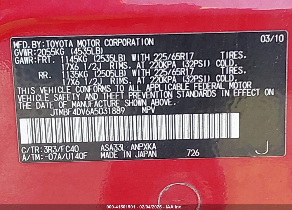 2010 TOYOTA RAV4 VIN: JTMBF4DV6A5031889