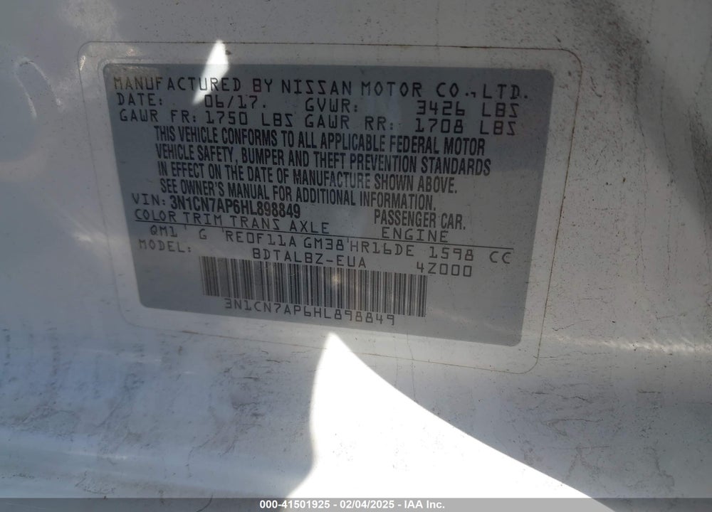 2017 NISSAN VERSA SEDAN VIN: 3N1CN7AP6HL898849