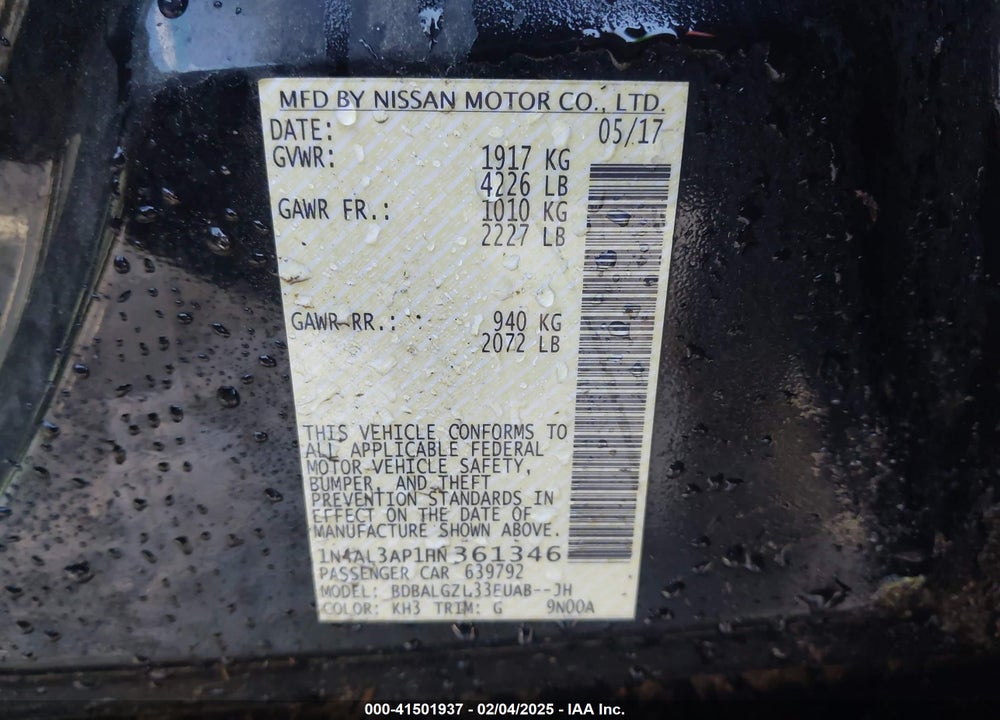 2017 NISSAN ALTIMA VIN: 1N4AL3AP1HN361346