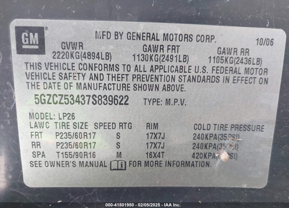 2007 SATURN VUE V6 VIN: 5GZCZ53437S839622
