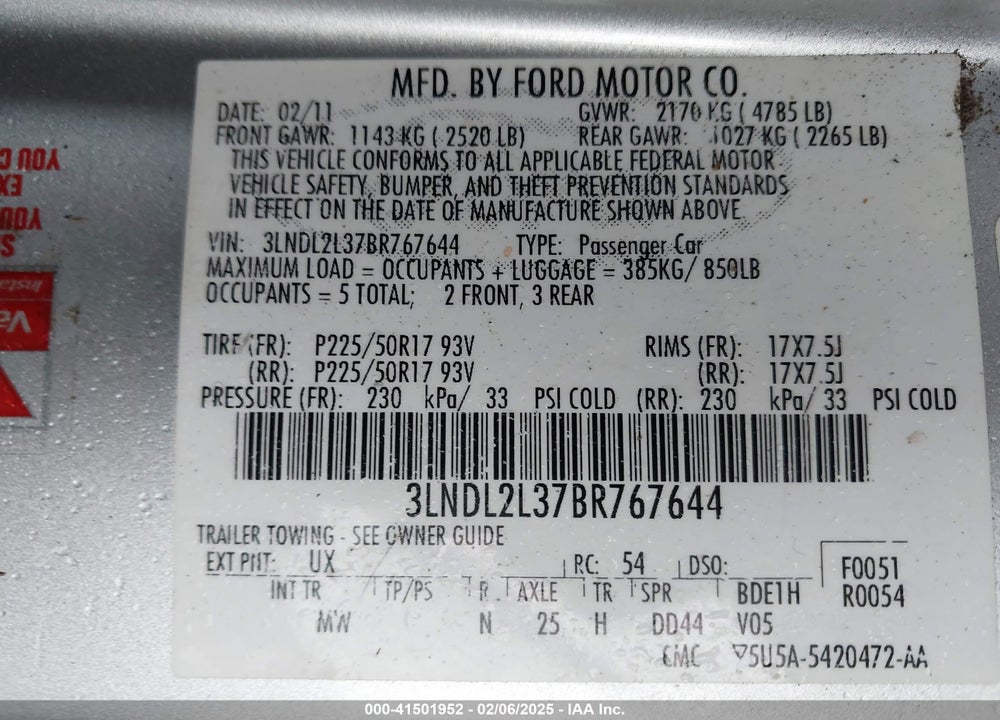 2011 LINCOLN MKZ HYBRID VIN: 3LNDL2L37BR767644