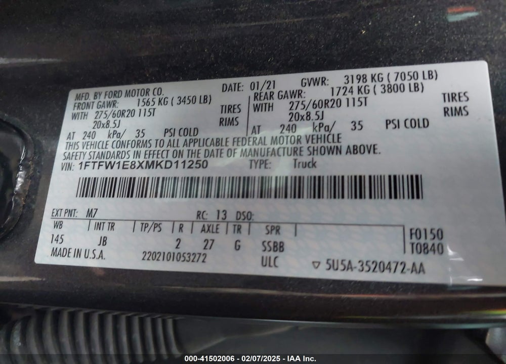 2021 FORD F-150 VIN: 1FTFW1E8XMKD11250