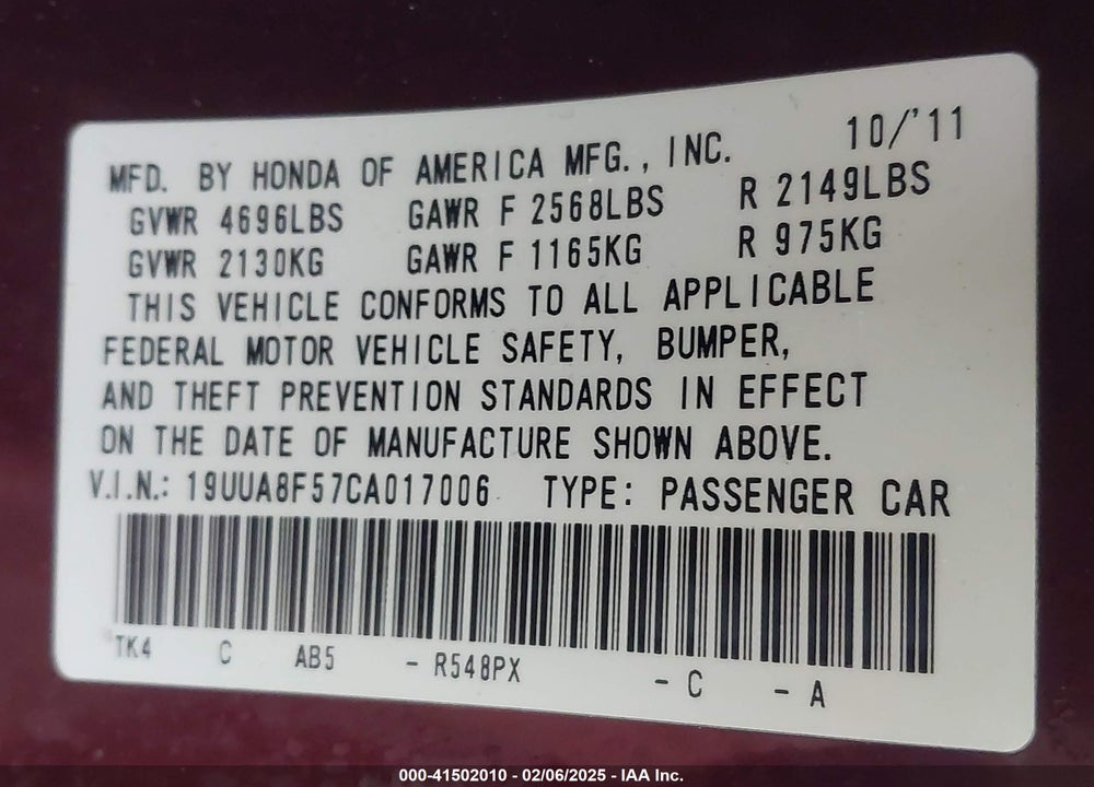 2012 ACURA TL 3.5 VIN: 19UUA8F57CA017006