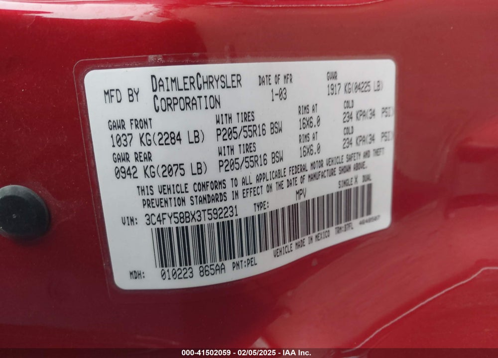 2003 CHRYSLER PT CRUISER TOURING VIN: 3C4FY58BX3T592231