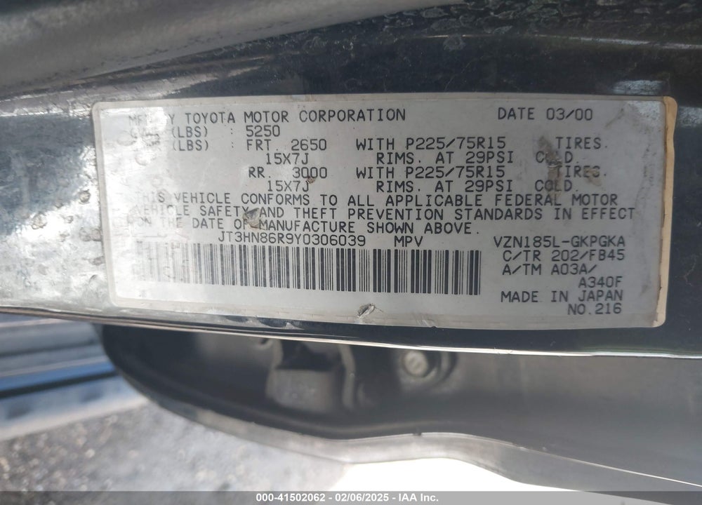 2000 TOYOTA 4RUNNER SR5 V6 VIN: JT3HN86R9Y0306039