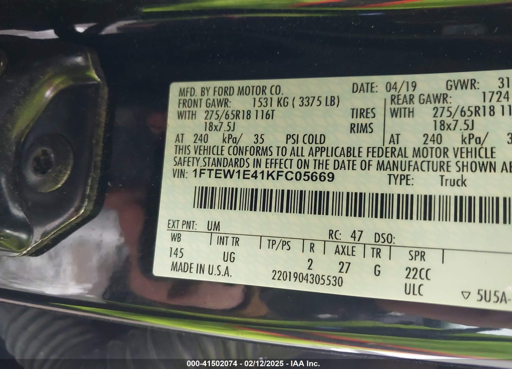 2019 FORD F-150 VIN: 1FTEW1E41KFC05669