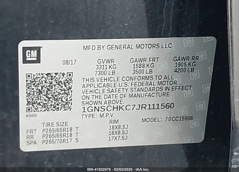2018 CHEVROLET SUBURBAN LT VIN: 1GNSCHKC7JR111560