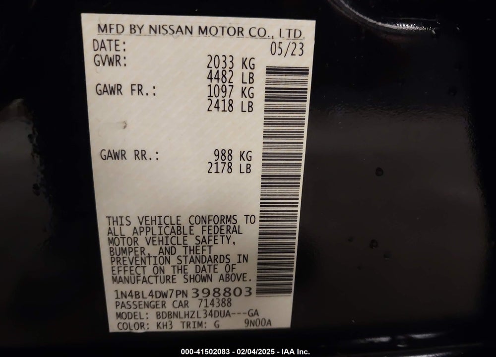 2023 NISSAN ALTIMA VIN: 1N4BL4DW7PN398803