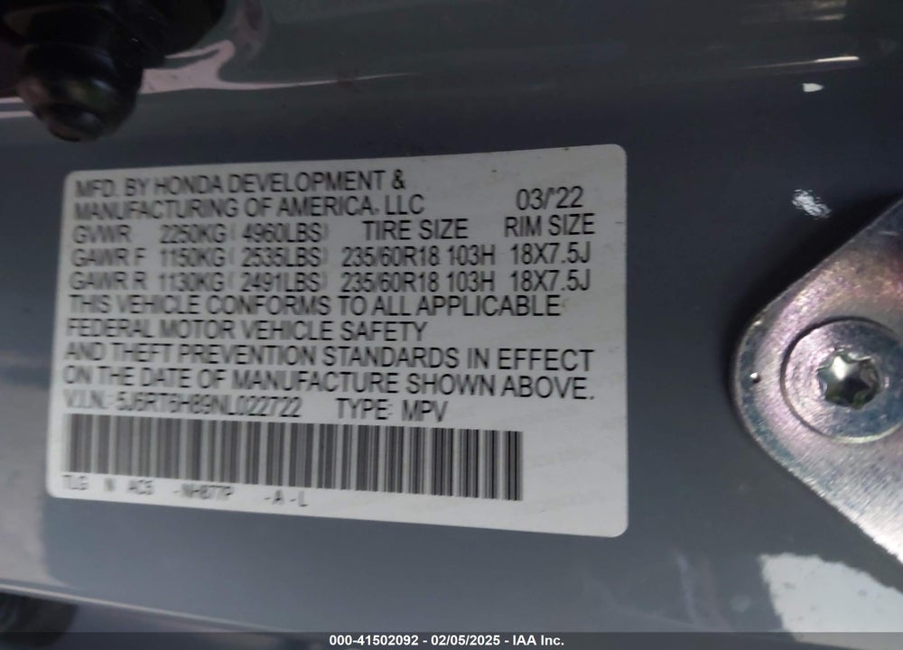 2022 HONDA CR-V VIN: 5J6RT6H89NL022722