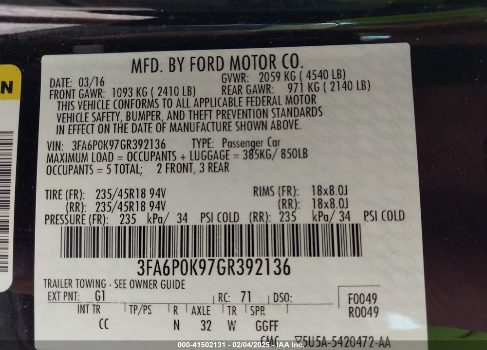 2016 FORD FUSION VIN: 3FA6P0K97GR392136