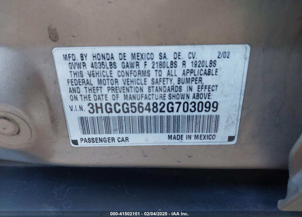 2002 HONDA ACCORD 2.3 LX VIN: 3HGCG56482G703099