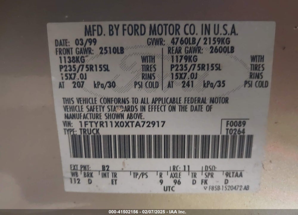 1999 FORD RANGER XLT VIN: 1FTYR11X0XTA72917