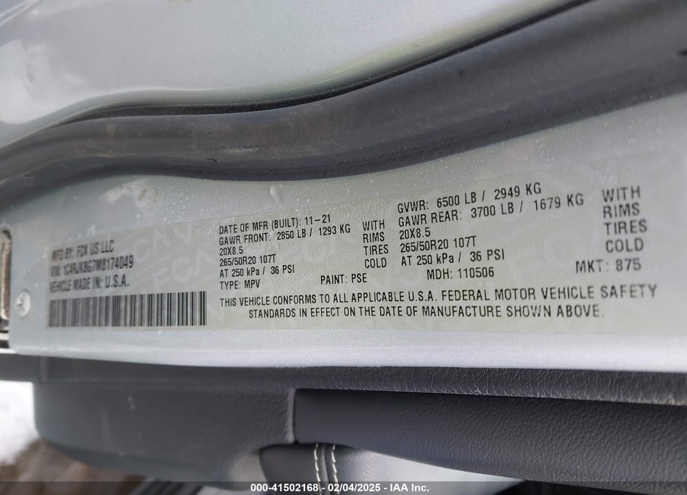 2021 JEEP GRAND CHEROKEE L VIN: 1C4RJKBG7M8174049