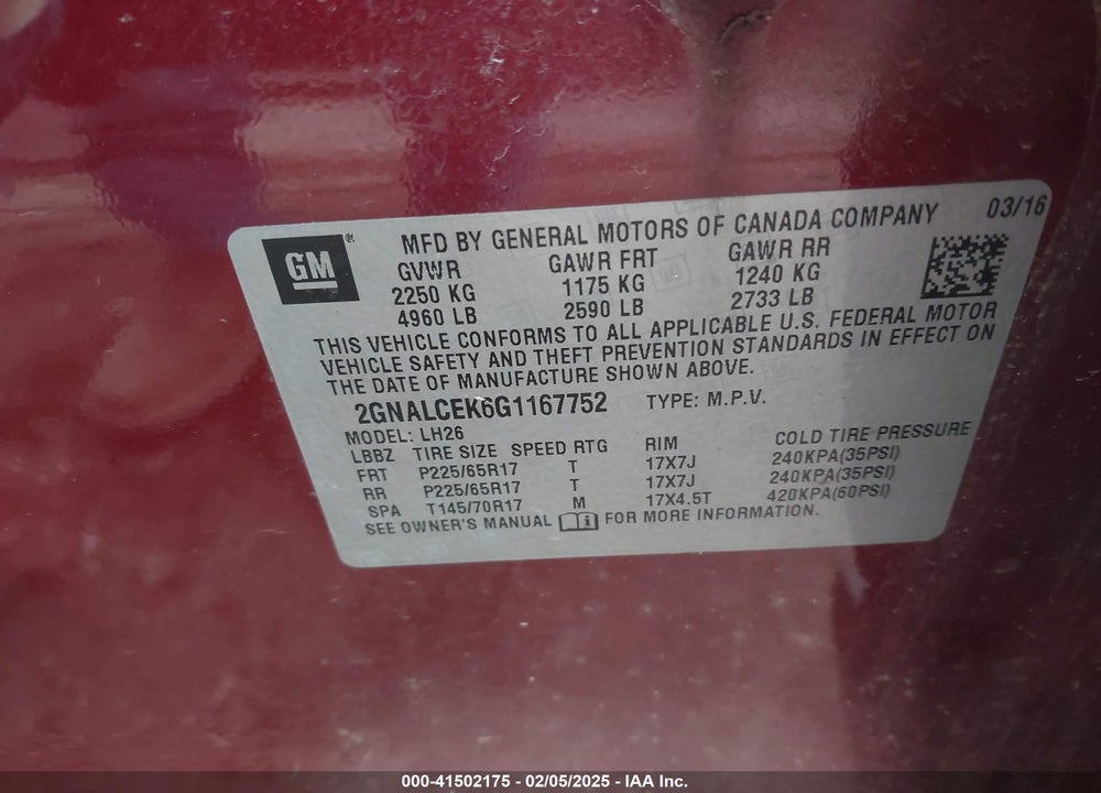 2016 CHEVROLET EQUINOX LT VIN: 2GNALCEK6G1167752