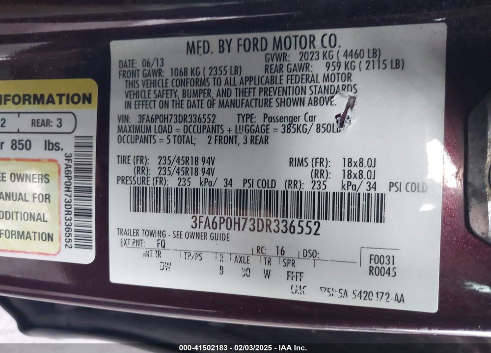 2013 FORD FUSION VIN: 3FA6P0H73DR336552