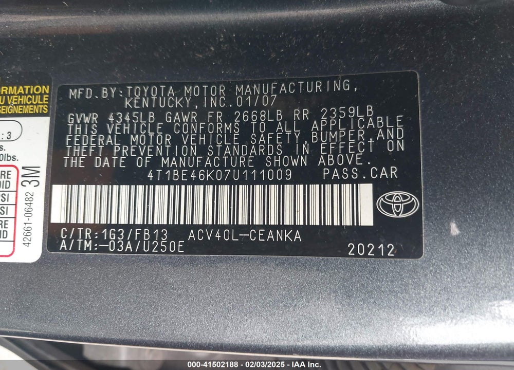 2007 TOYOTA CAMRY LE VIN: 4T1BE46K07U111009