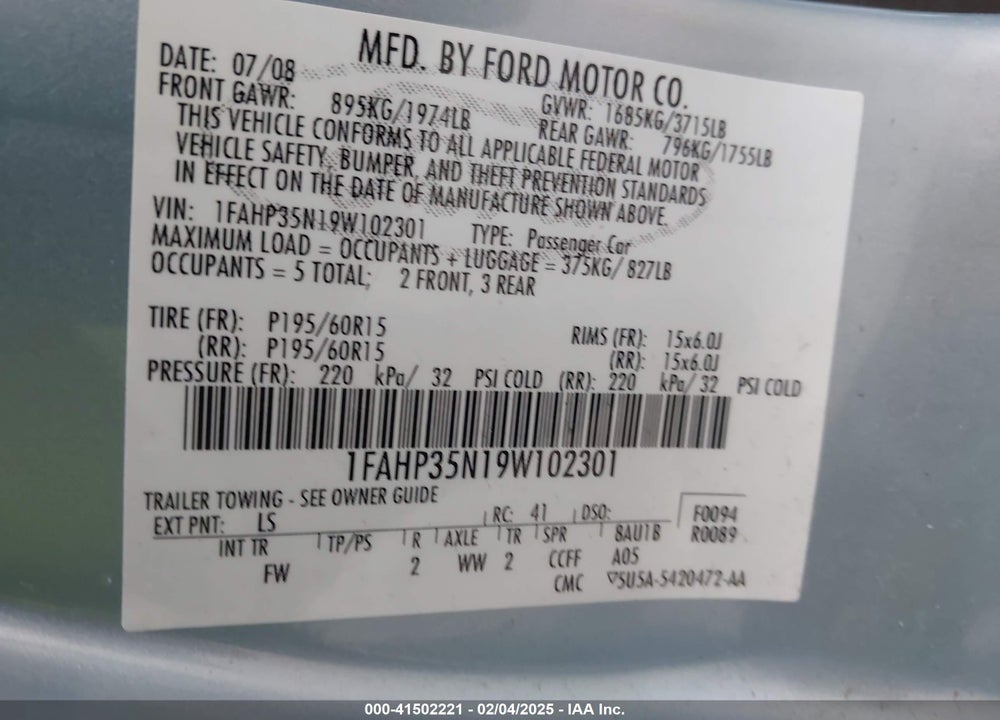 2009 FORD FOCUS SE VIN: 1FAHP35N19W102301