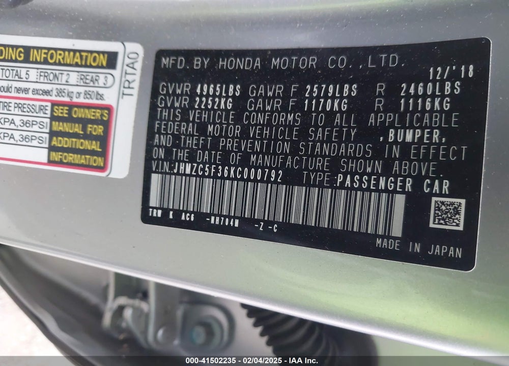 2019 HONDA CLARITY PLUG-IN HYBRID VIN: JHMZC5F36KC000792