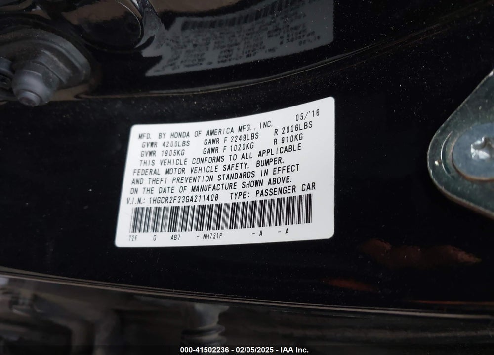 2016 HONDA ACCORD VIN: 1HGCR2F33GA211408
