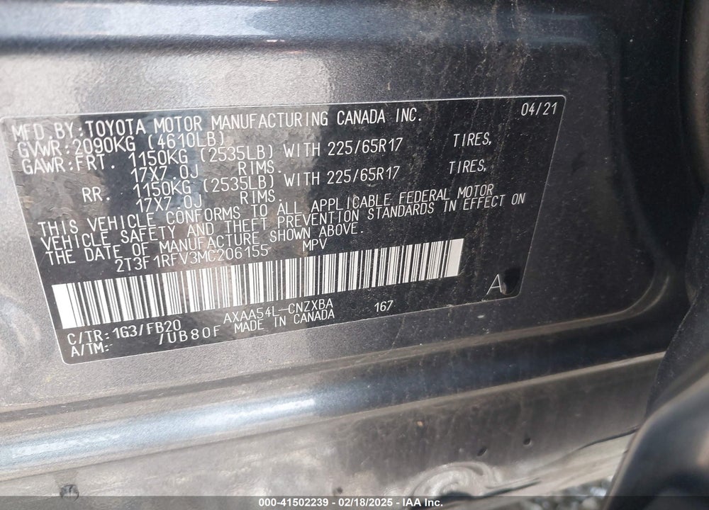 2021 TOYOTA RAV4 LE VIN: 2T3F1RFV3MC206155
