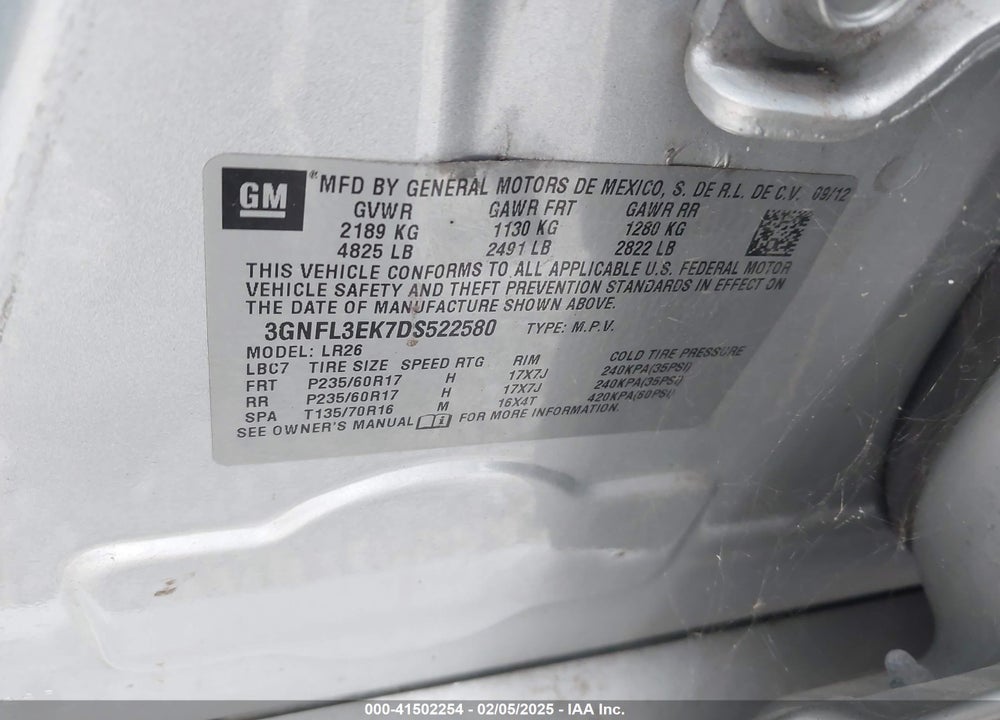 2013 CHEVROLET CAPTIVA SPORT LT VIN: 3GNFL3EK7DS522580