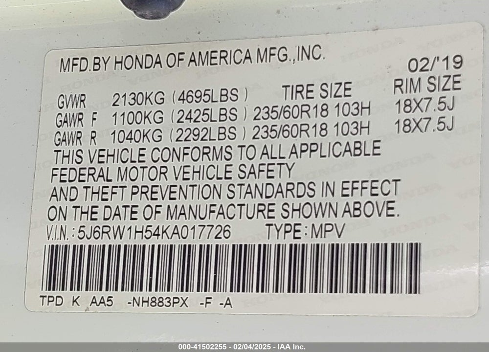 2019 HONDA CR-V VIN: 5J6RW1H54KA017726