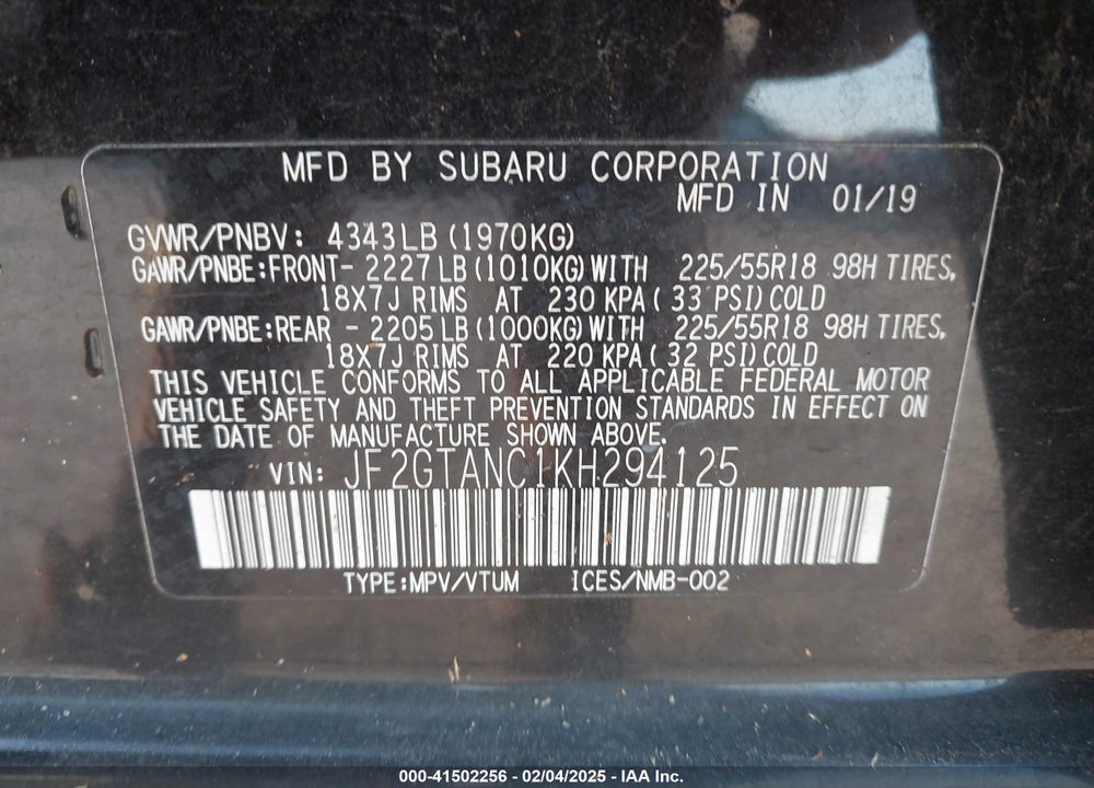 2019 SUBARU CROSSTREK VIN: JF2GTANC1KH294125