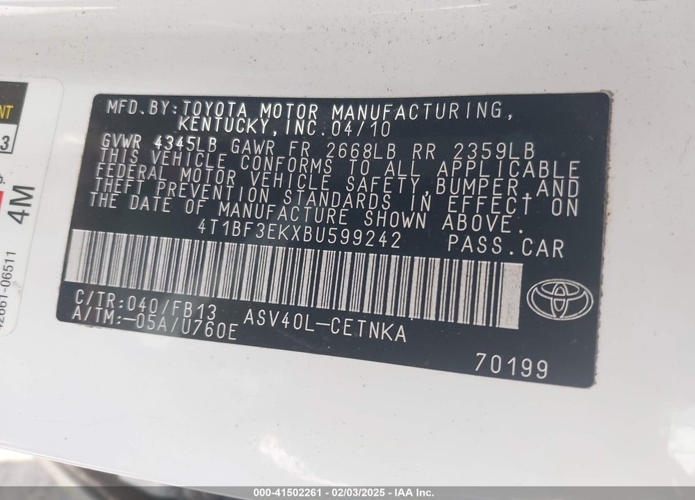 2011 TOYOTA CAMRY VIN: 4T1BF3EKXBU599242