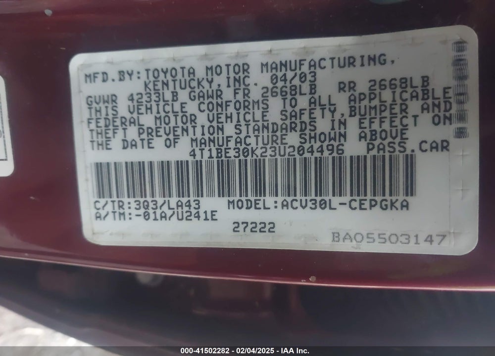 2003 TOYOTA CAMRY XLE VIN: 4T1BE30K23U204496