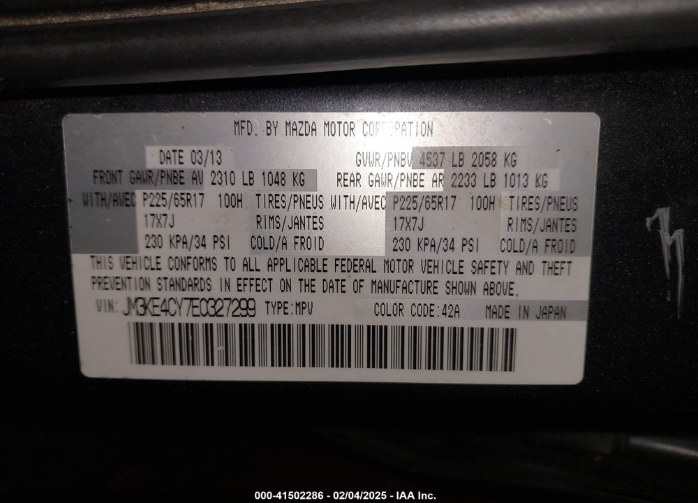 2014 MAZDA CX-5 TOURING VIN: JM3KE4CY7E0327299