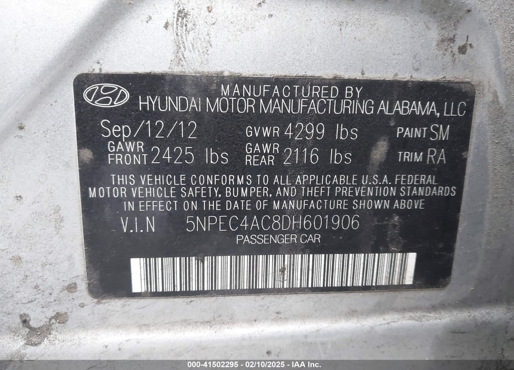 2013 HYUNDAI SONATA VIN: 5NPEC4AC8DH601906