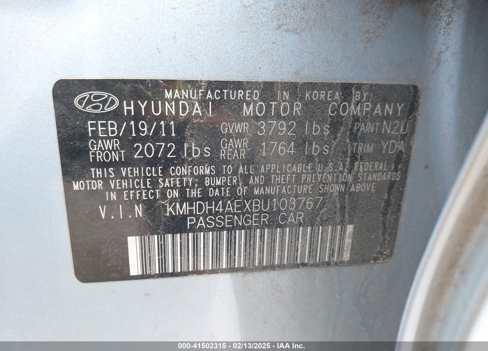 2011 HYUNDAI ELANTRA GLS (ULSAN PLANT) VIN: KMHDH4AEXBU103767
