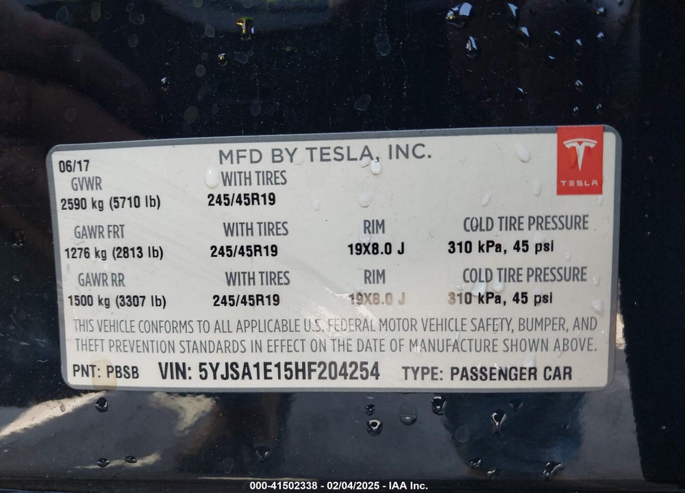 2017 TESLA MODEL S VIN: 5YJSA1E15HF204254